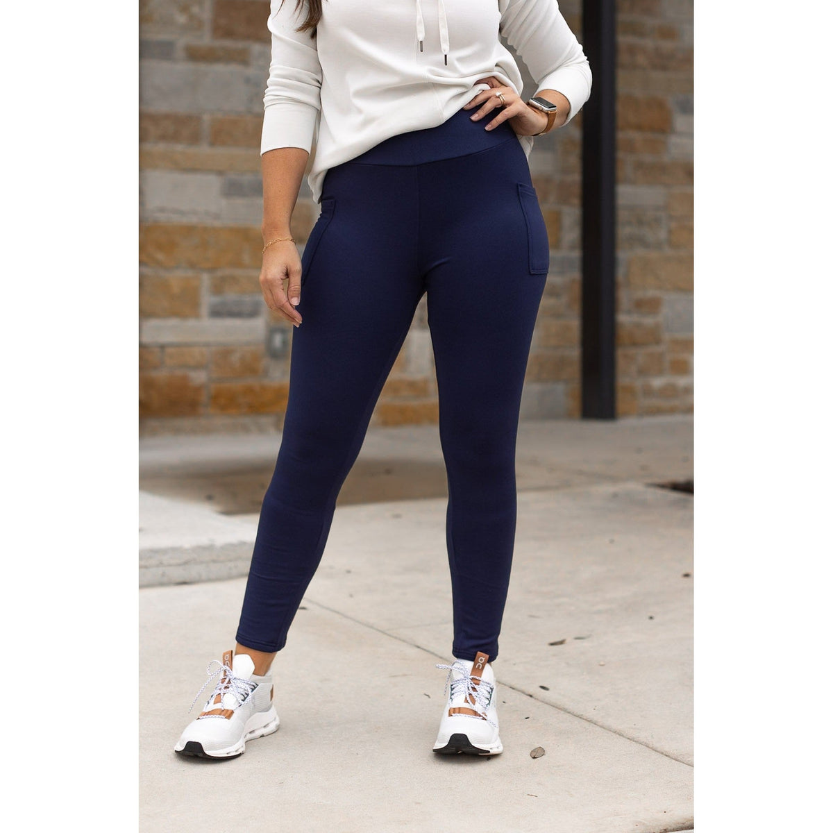The Nicole - Navy FLEECE Full Length with Pocket Leggings