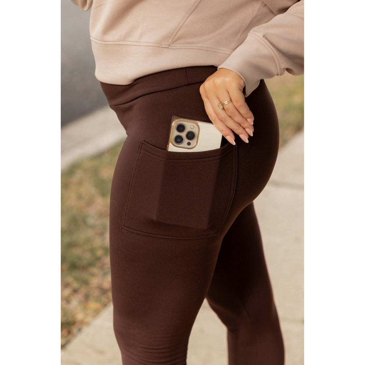 The Belle - Brown FLEECE Full Length Leggings with Pockets*
