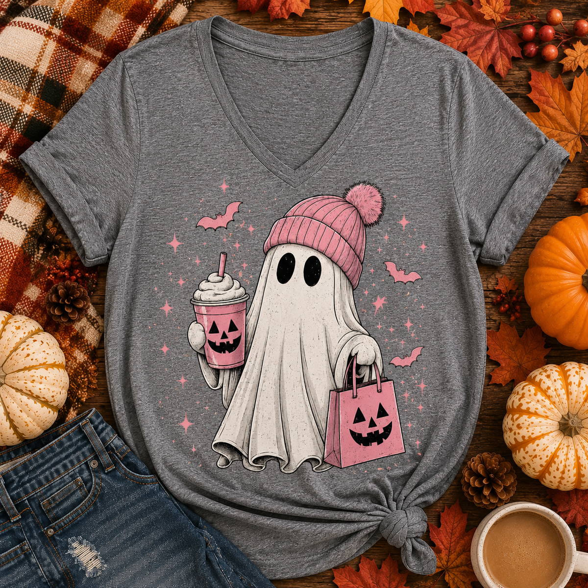 Pink Ghost Halloween V-NECK Graphic Tee