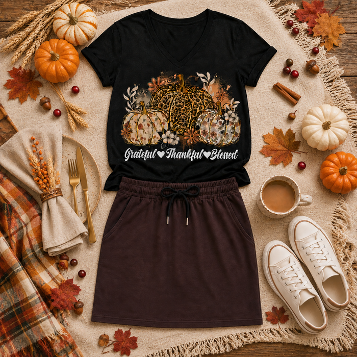 Grateful, Thankful, Blessed V-NECK Graphic Tee